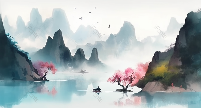 古代意境新中式水彩山水背景图,插画/手绘图,插画/手绘图库,插画/手绘图下载,插画/手绘
